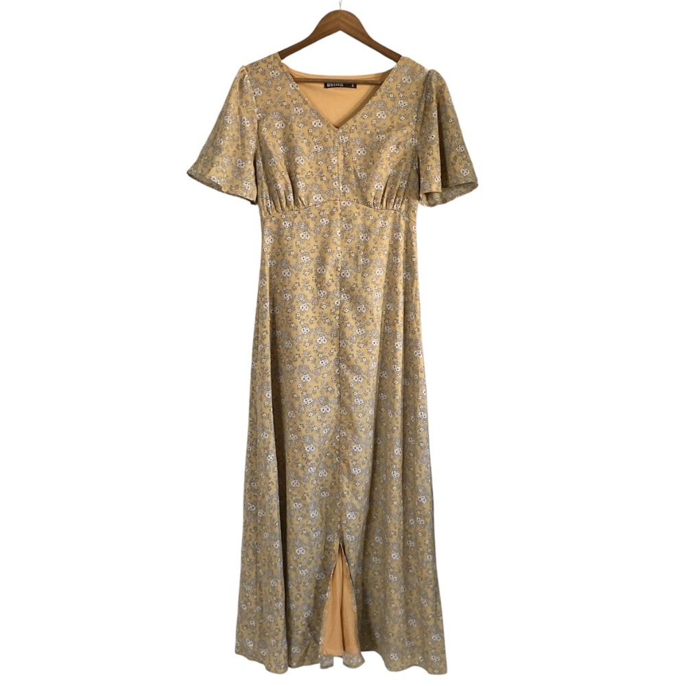 MIKAROSE V-neck Prairie Maxi Slit Front Dress Goldenrod Floral Print